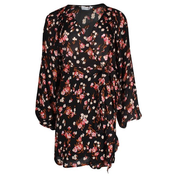 A.L.C. Carlo Silk‎ Wrap V Neck Floral Print Long Sleeve Mini Dress Size 14 Black - Picture 3 of 10
